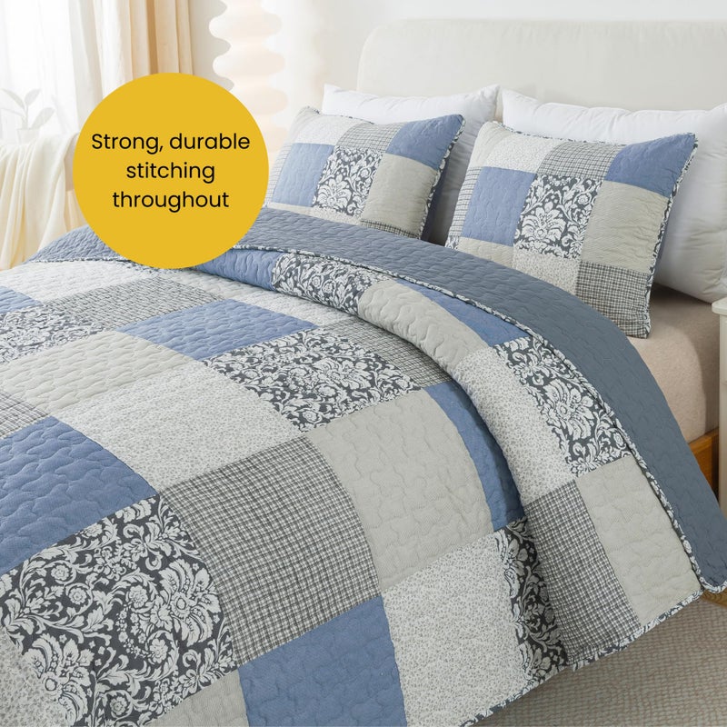 SLPR Sweet Dreams Cotton Quilt Set - King Size with 2 Shams, Pieced Patchwork Bedding in Blue and Gray, Country Style Farmhouse Quilted Bedspread - Image 4